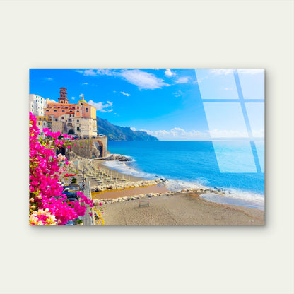 Atrani Amalfi Coast Italy Beach Bougainvillea Acrylic Glass Printing Wall Art Australian Made Quality