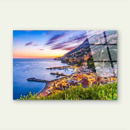 Mediterranean Sea Coastal Town Night Acrylic Glass Printing Wall Art Australian Made Quality