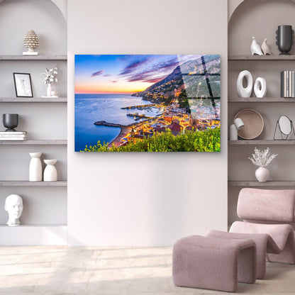 Mediterranean Sea Coastal Town Night Acrylic Glass Printing Wall Art Australian Made Quality
