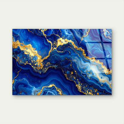 Abstract Royal Blue Marble Agate Gold Foil Acrylic Glass Printing Wall Art Australian Made Quality