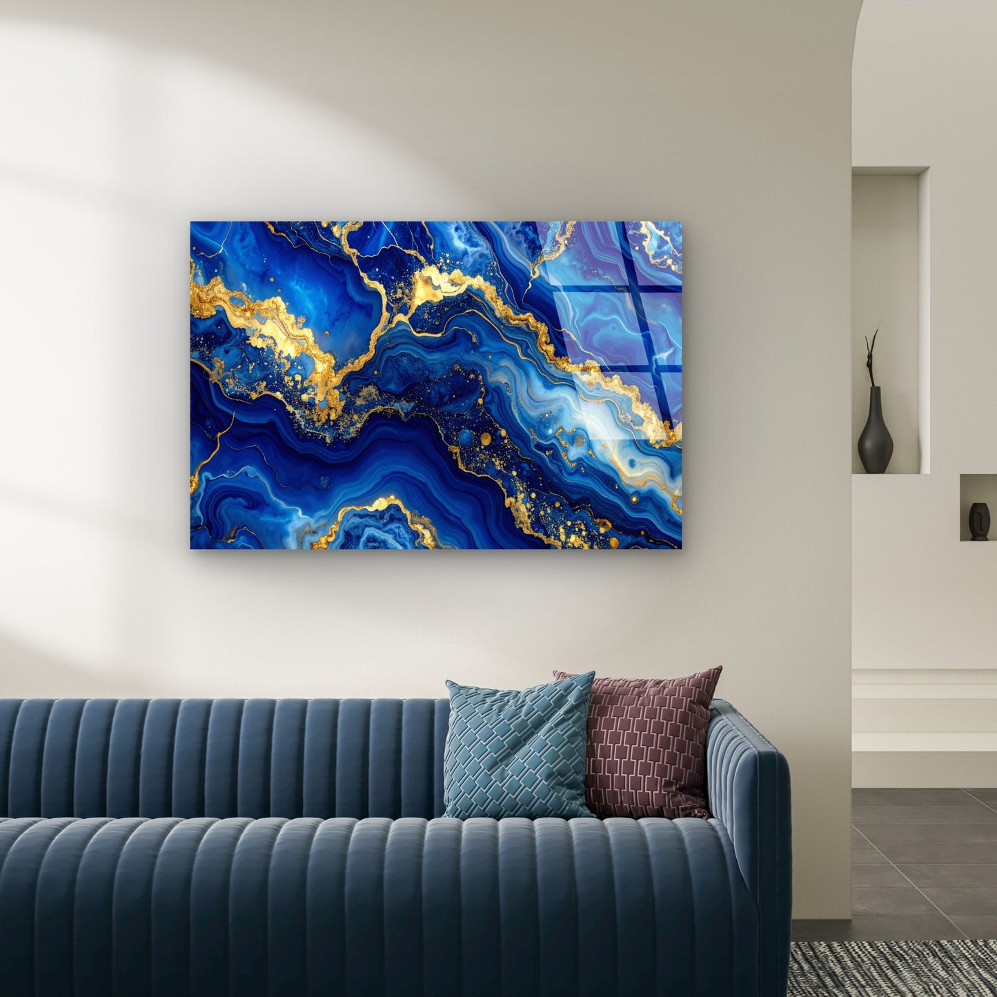 Abstract Royal Blue Marble Agate Gold Foil Acrylic Glass Printing Wall Art Australian Made Quality