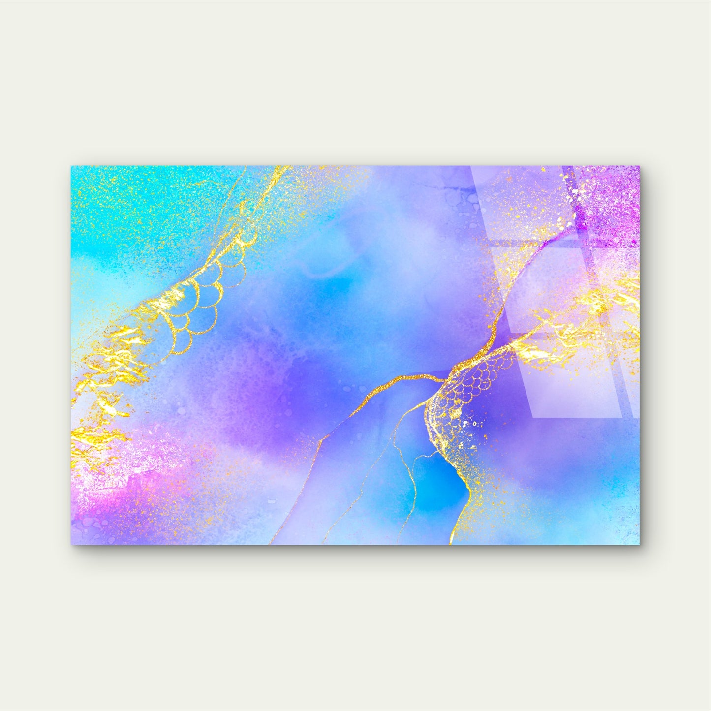 Abstract Teal Purple Fluid Ink Gold Glitter Acrylic Glass Printing Wall Art Australian Made Quality