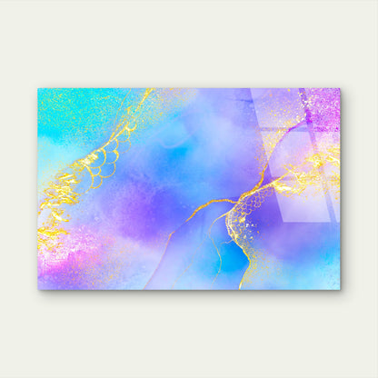 Abstract Teal Purple Fluid Ink Gold Glitter Acrylic Glass Printing Wall Art Australian Made Quality