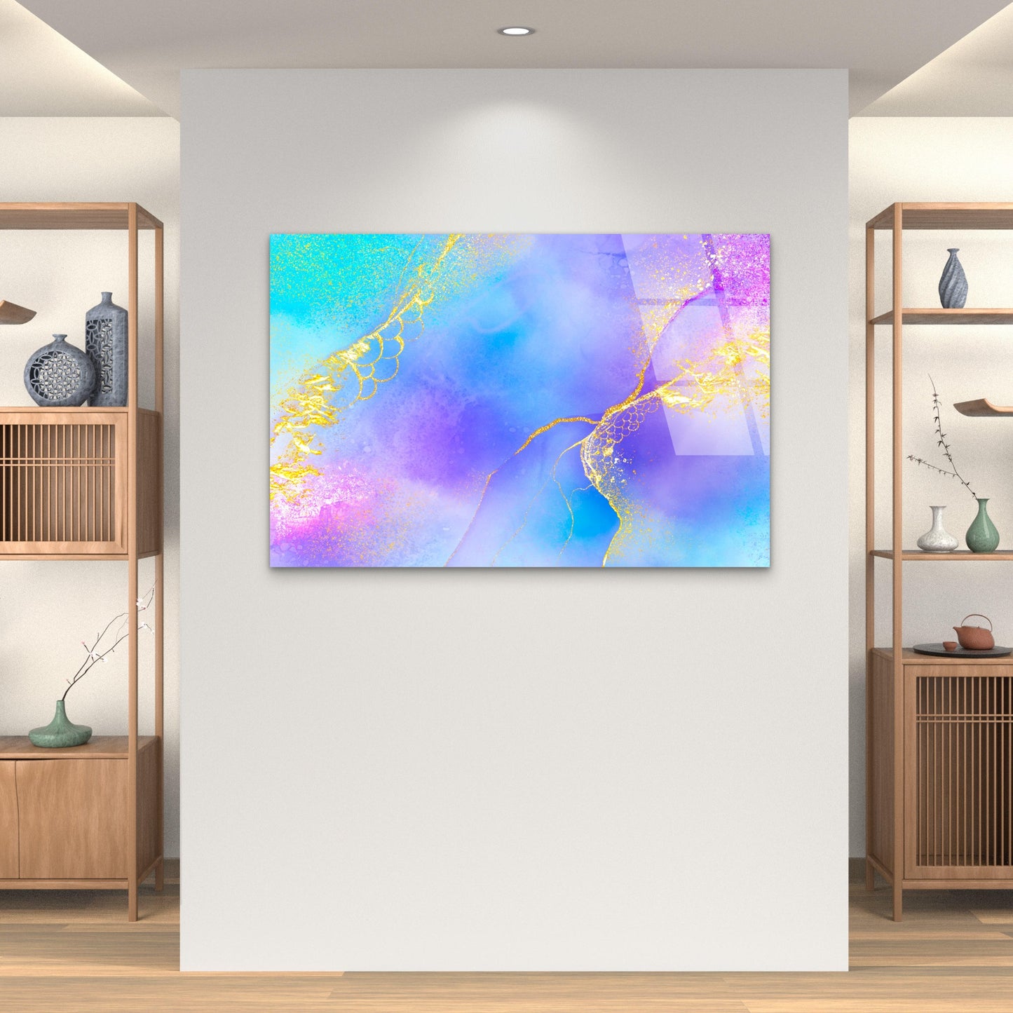 Abstract Teal Purple Fluid Ink Gold Glitter Acrylic Glass Printing Wall Art Australian Made Quality