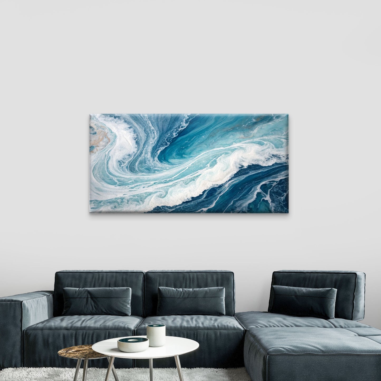 Abstract Blue Ocean Sea Foam Wave Wall Art Canvas Office Home Framed 120x60cm