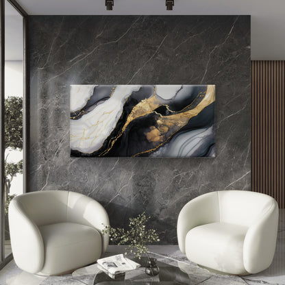 Abstract Luxury Black Gold Fluid Ink Wall Art Canvas Office Home Framed 120x60cm
