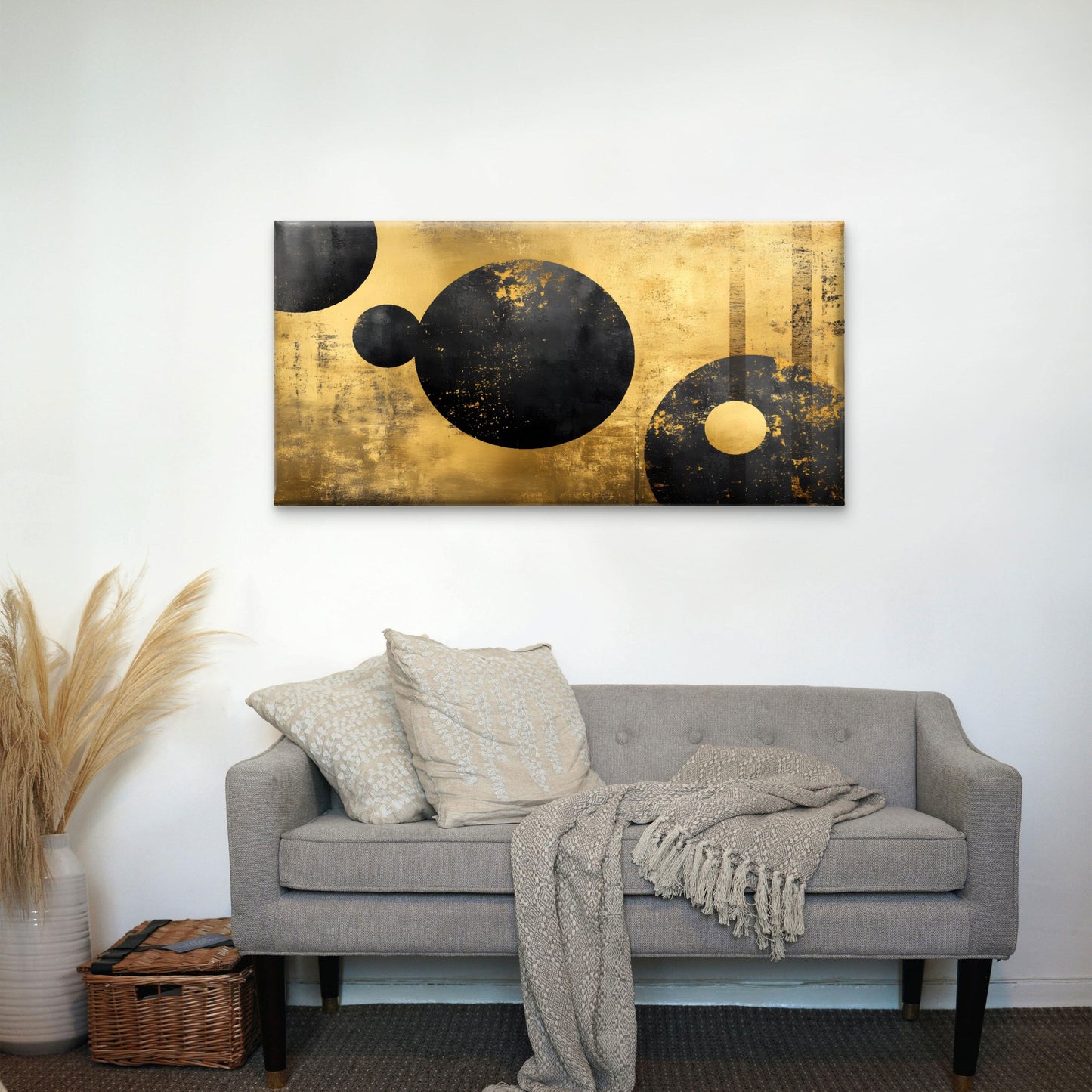 Abstract Geometric Black Circle Gold Wall Art Canvas Office Home Framed 120x60cm
