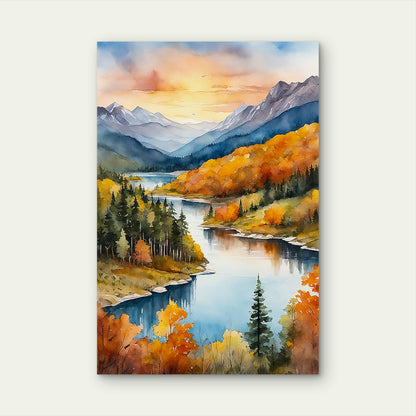 Vibrant Watercolor Autumn Mountain Lake Valley Scenic Metal Print Ready to Hang