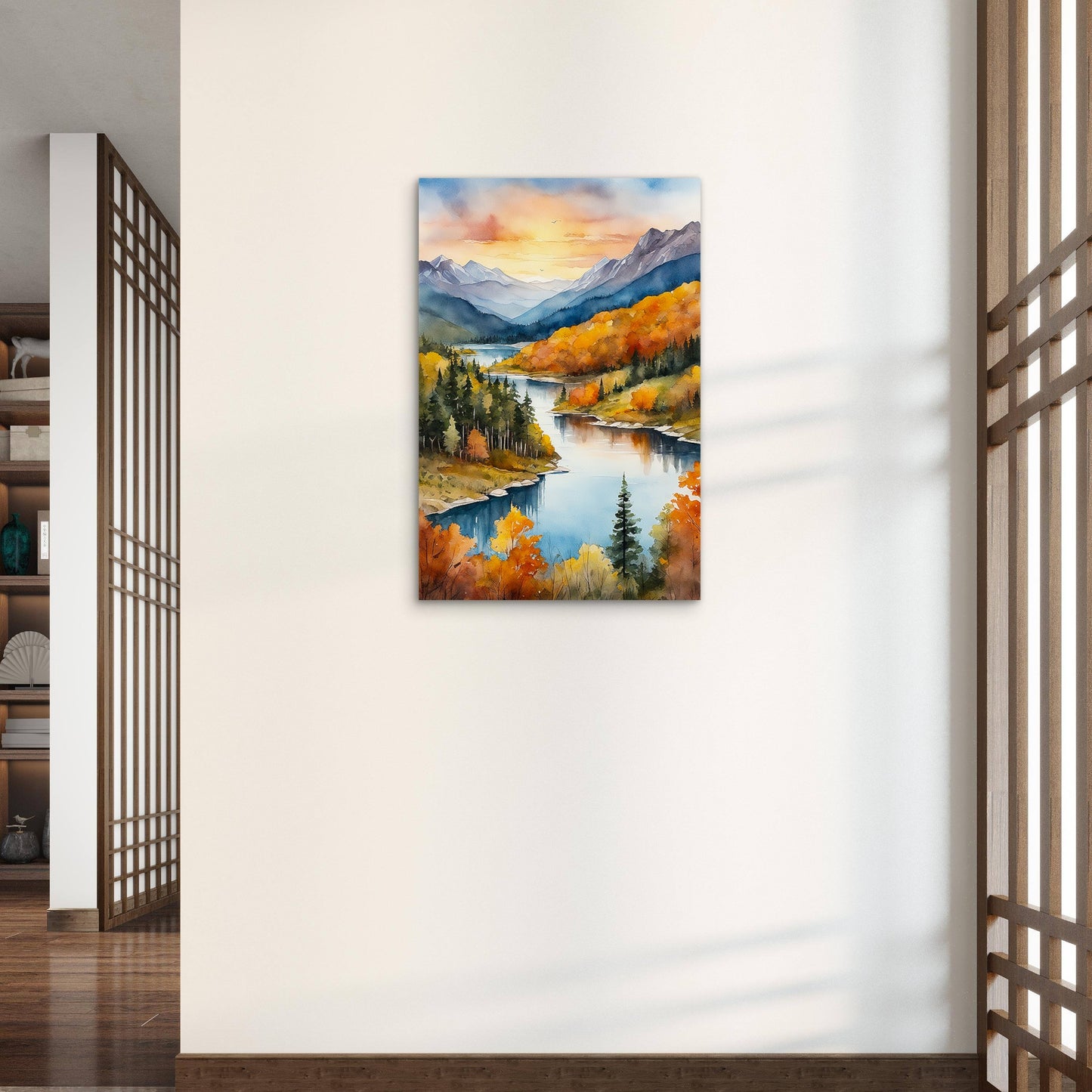 Vibrant Watercolor Autumn Mountain Lake Valley Scenic Metal Print Ready to Hang