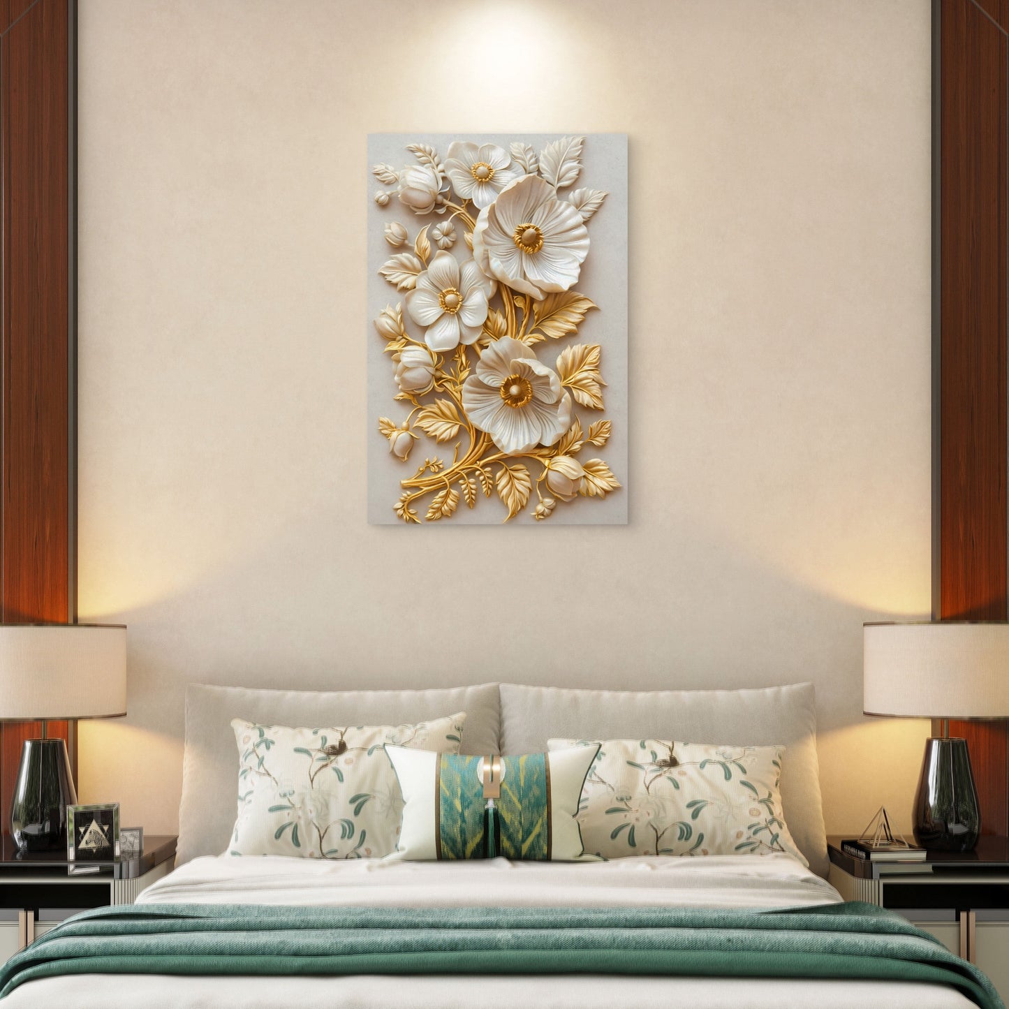 Luxury Baroque Floral Bas Relief Gypsum Ornament Metal Print Ready to Hang