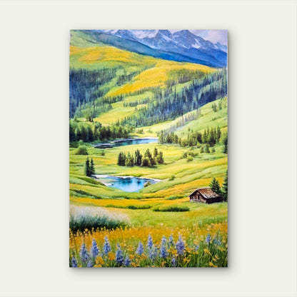 Alpine Meadow Mountain Valley Cabin Wildflower Metal Print Ready to Hang