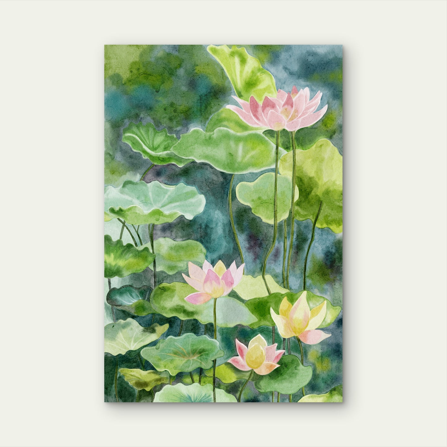Watercolor Pink Lotus Flower Pond Lily Pad Garden Metal Print Ready to Hang
