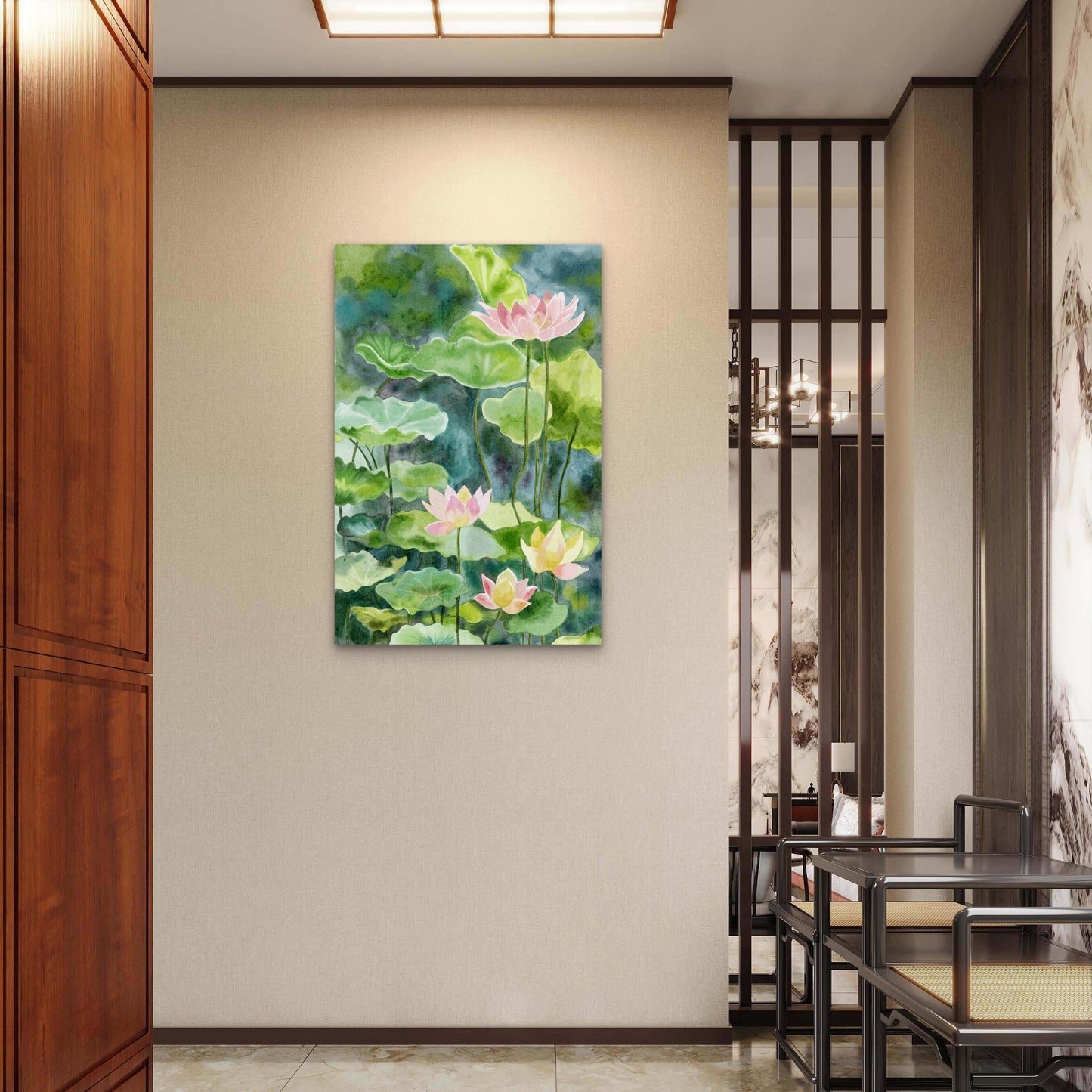 Watercolor Pink Lotus Flower Pond Lily Pad Garden Metal Print Ready to Hang