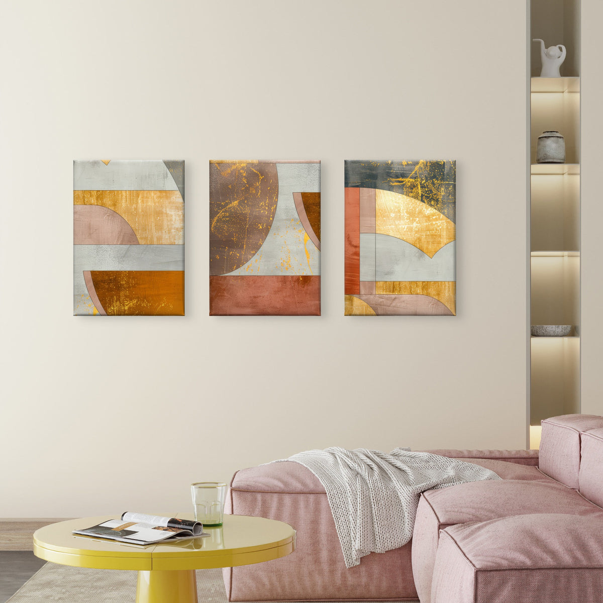 3pcs Terracotta Geometric Gold Grey Abstract  Wall Art Set Canvas Framed 40x60cm - High Quality Print 100% Australian Made Wall Canvas Ready to Hang