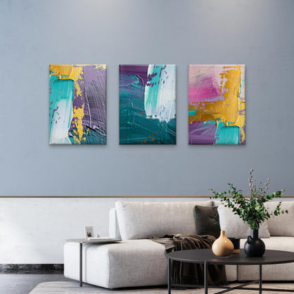 3pcs Purple Pink Gold Abstract Brush Stroke  Wall Art Set Canvas Framed 40x60cm - High Quality Print 100% Australian Made Wall Canvas Ready to Hang