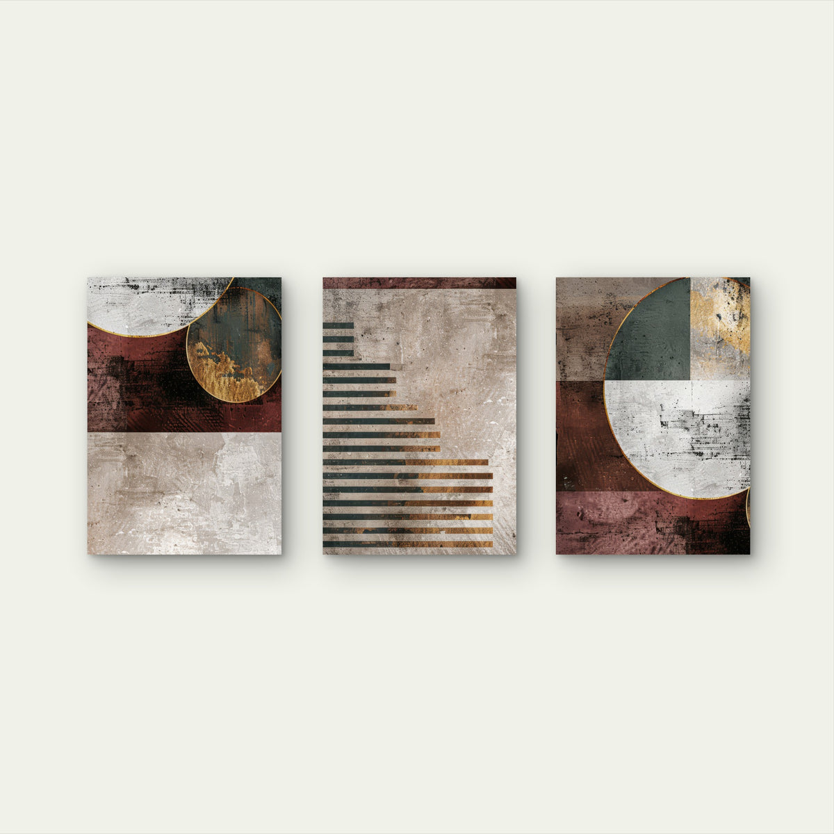 3pcs Geometric Abstract Burgundy Green Gold  Wall Art Set Canvas Framed 40x60cm - High Quality Print 100% Australian Made Wall Canvas Ready to Hang