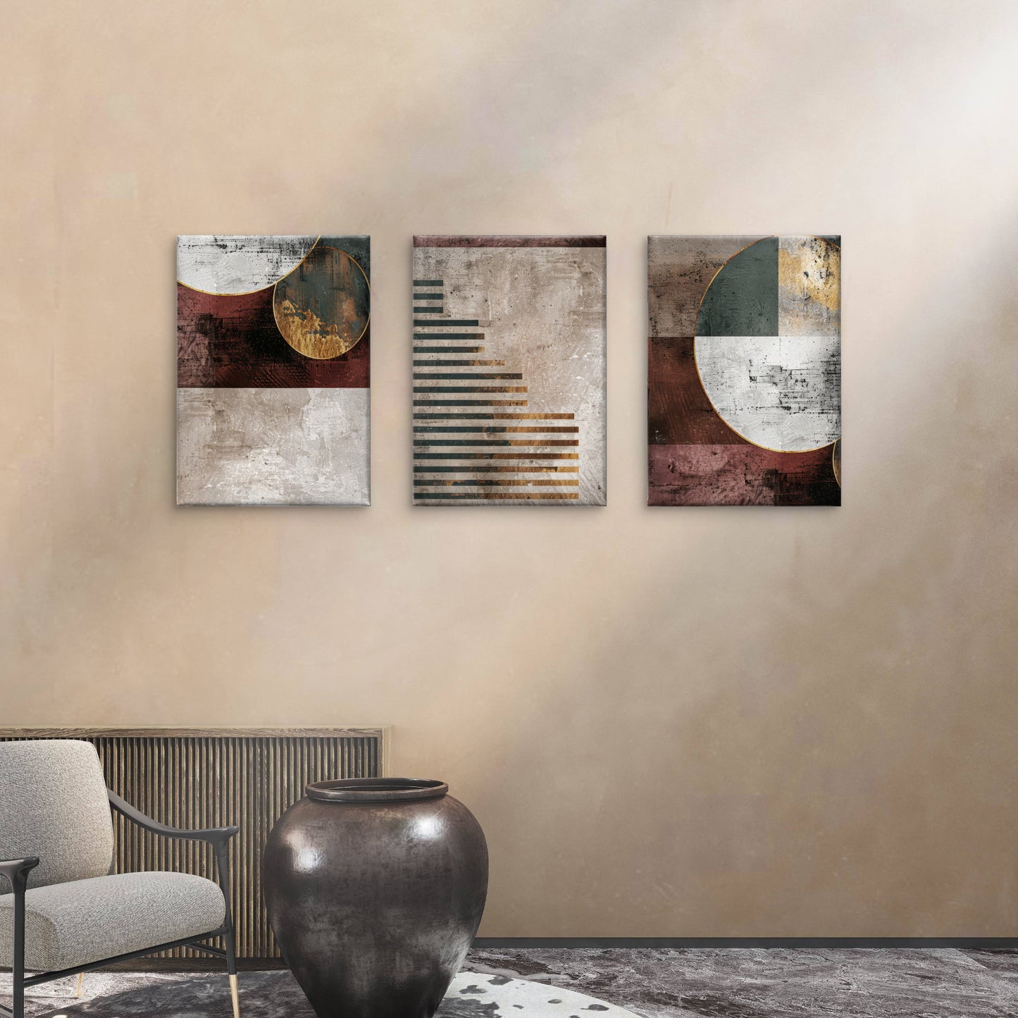 3pcs Geometric Abstract Burgundy Green Gold  Wall Art Set Canvas Framed 40x60cm - High Quality Print 100% Australian Made Wall Canvas Ready to Hang