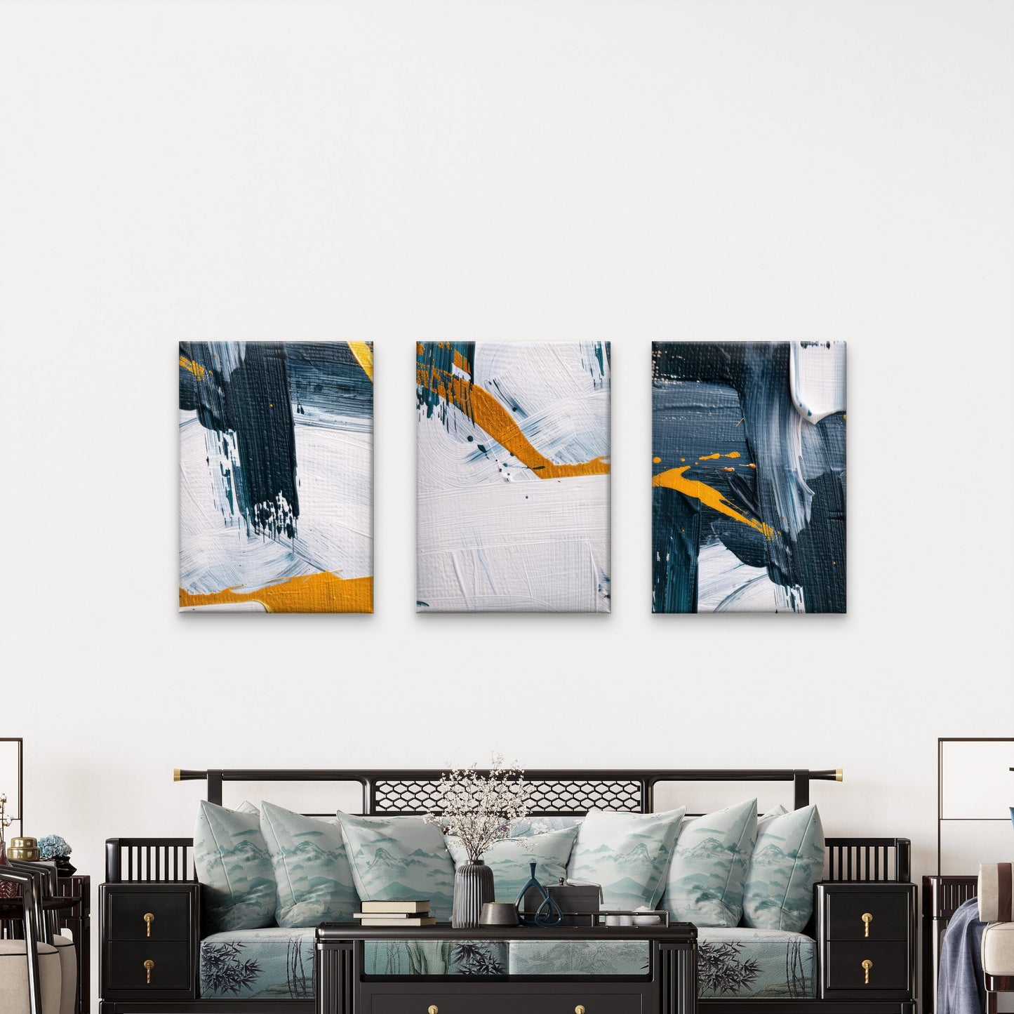 3pcs Navy Blue Gold White Abstract Brush Stroke  Wall Art Set Canvas Framed 40x60cm - High Quality Print 100% Australian Made Wall Canvas Ready to Hang
