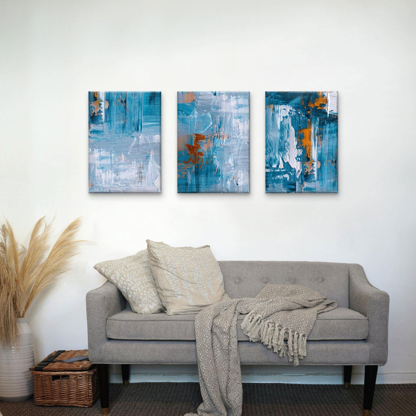 3pcs Sea Teal Light Blue Copper Gold Leaf Print Wall Art Set Canvas Framed 40x60cm - High Quality Print 100% Australian Made Wall Canvas Ready to Hang