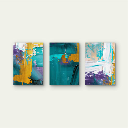 3pcs Teal Purple White Gold Stroke Abstract  Wall Art Set Canvas Framed 40x60cm - High Quality Print 100% Australian Made Wall Canvas Ready to Hang