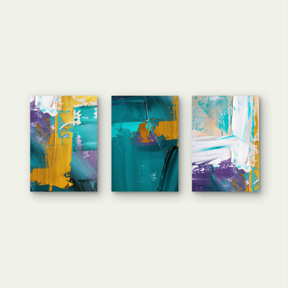 3pcs Teal Purple White Gold Stroke Abstract  Wall Art Set Canvas Framed 50x70cm - High Quality Print 100% Australian Made Wall Canvas Ready to Hang