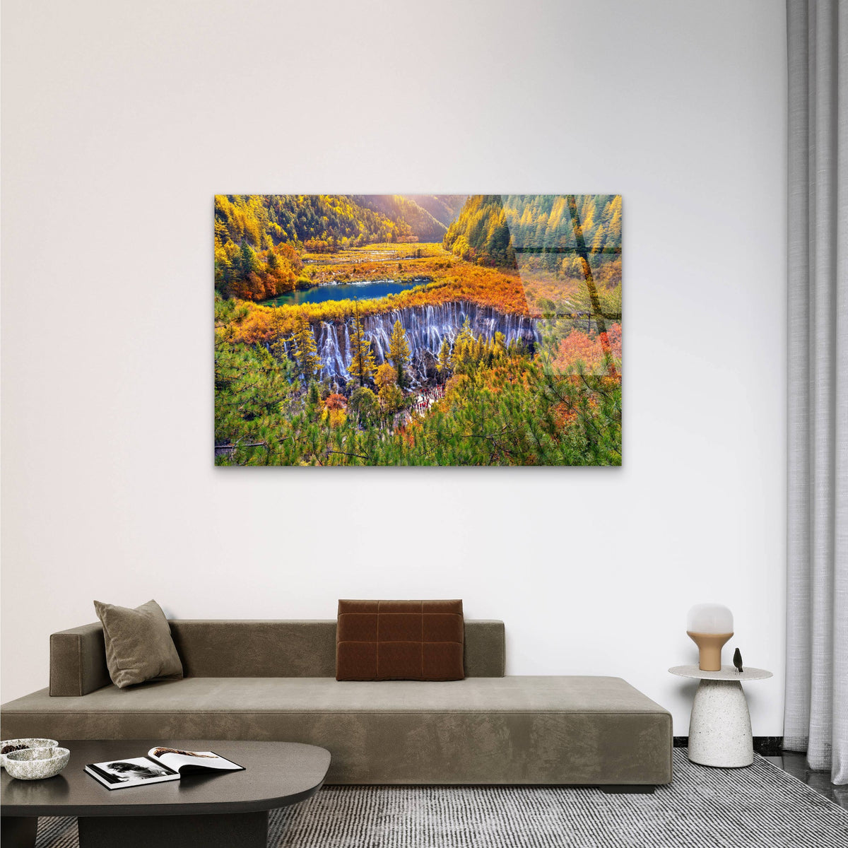 Jiuzhaigou National Park China Nuorilang Waterfall Autumn Forest Nature Acrylic Glass Printing Wall Art Australian Made Quality