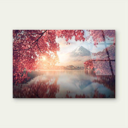 Mount Fuji Japan Lake Kawaguchi Autumn Red Maple Leaves Momiji Landscape Acrylic Glass Printing Wall Art Australian Made Quality