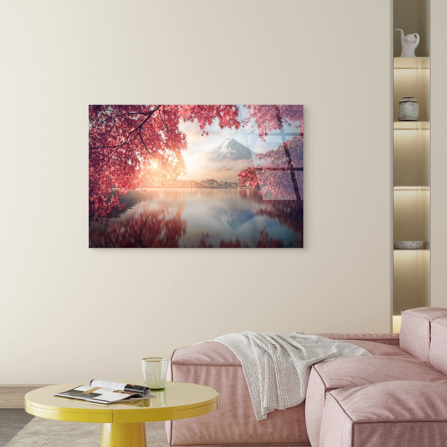 Mount Fuji Japan Lake Kawaguchi Autumn Red Maple Leaves Momiji Landscape Acrylic Glass Printing Wall Art Australian Made Quality