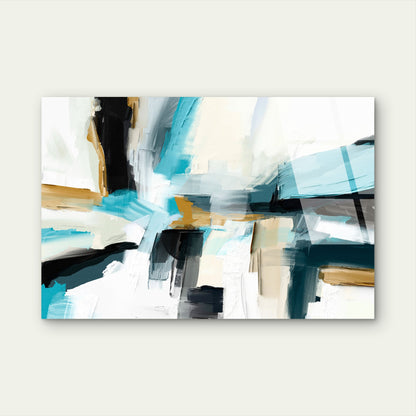 Modern Abstract Teal Blue Gold White Black Textured Brushstroke Geometric Painting Acrylic Glass Printing Wall Art Australian Made Quality