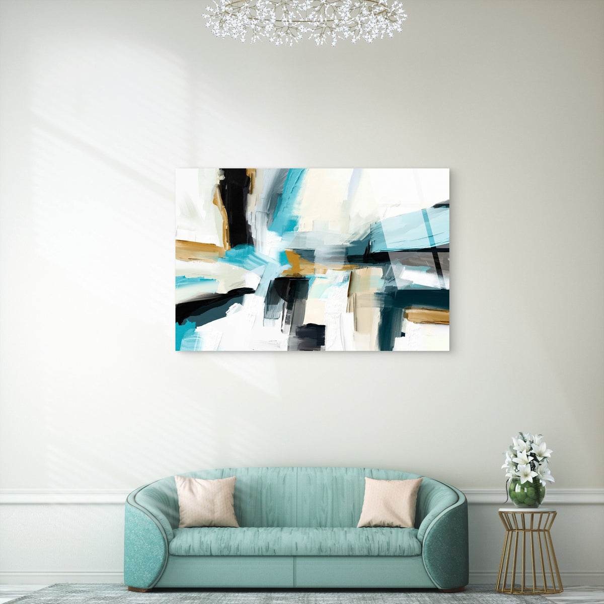Modern Abstract Teal Blue Gold White Black Textured Brushstroke Geometric Painting Acrylic Glass Printing Wall Art Australian Made Quality