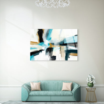 Modern Abstract Teal Blue Gold White Black Textured Brushstroke Geometric Painting Acrylic Glass Printing Wall Art Australian Made Quality