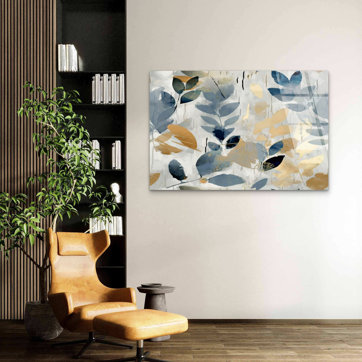 Modern Abstract Blue Leaves Gold Botanical Watercolor Plant Floral Pattern Silhouette Acrylic Glass Printing Wall Art Australian Made Quality
