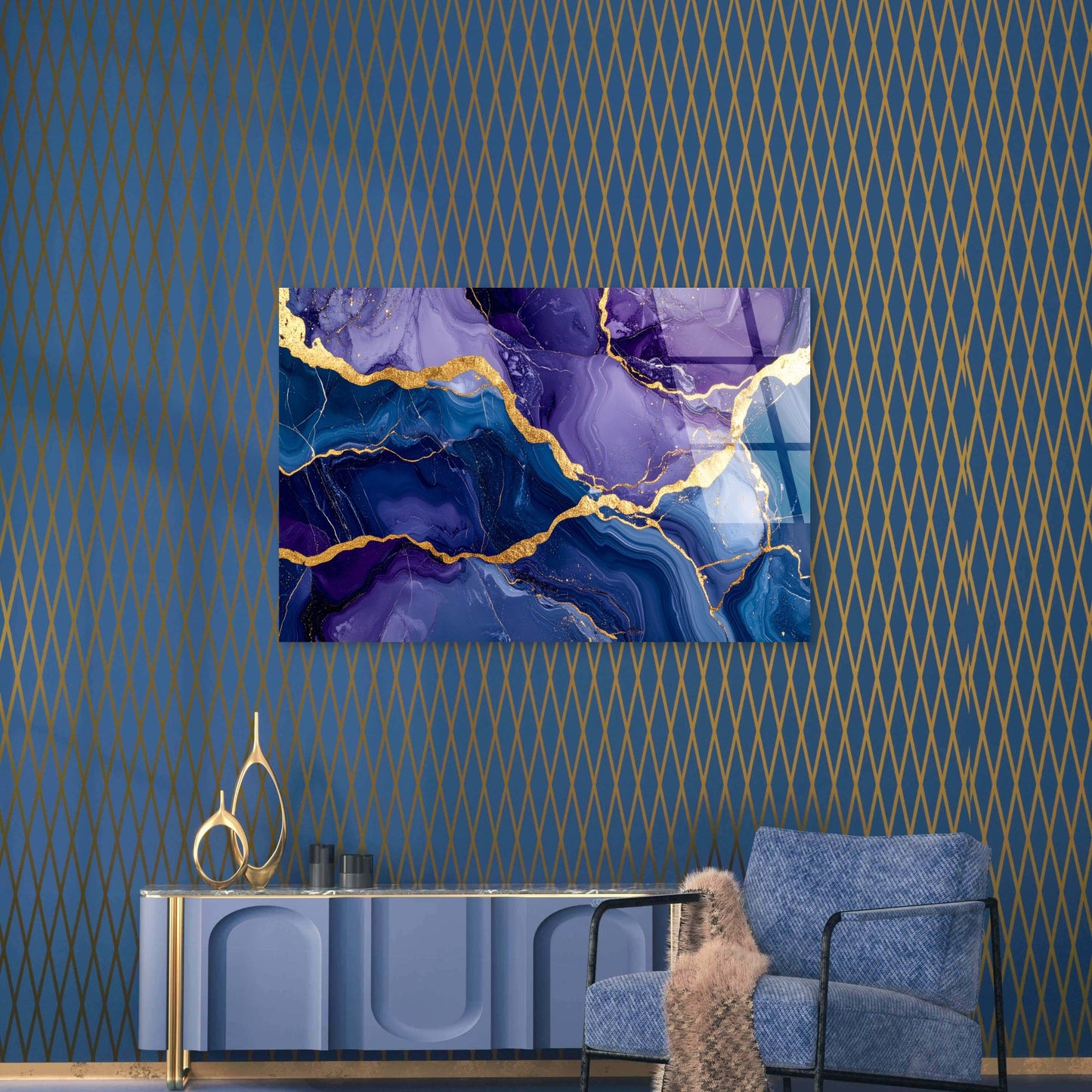 Modern Abstract Purple Blue Alcohol Ink Luxury Agate Marble Gold Foil Vein Fluid Painting Acrylic Glass Printing Wall Art Australian Made Quality