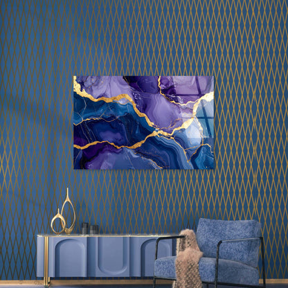 Modern Abstract Purple Blue Alcohol Ink Luxury Agate Marble Gold Foil Vein Fluid Painting Acrylic Glass Printing Wall Art Australian Made Quality