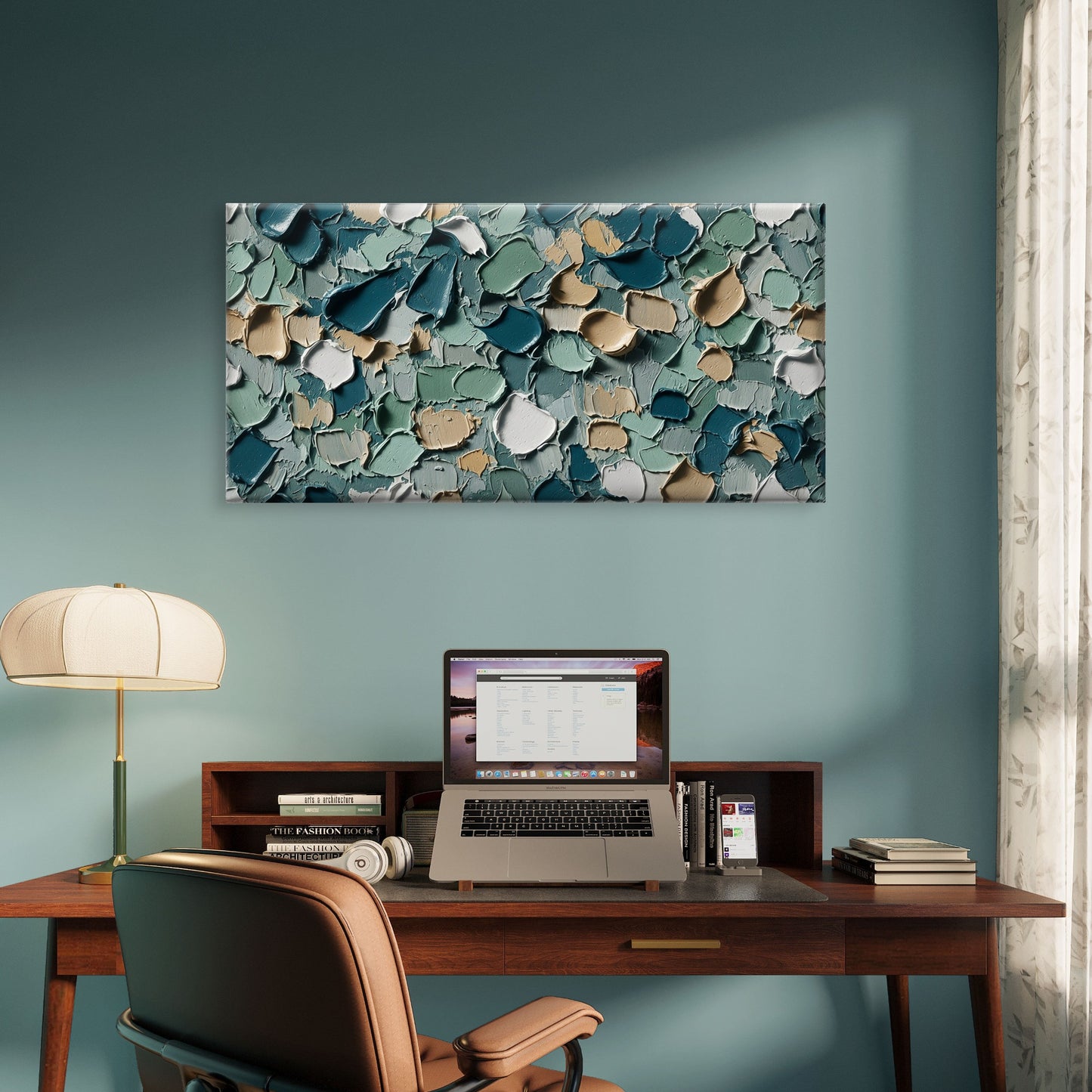 Sage Green Teal Impasto Palette Wall Art Canvas Office Home Framed 120x60cm