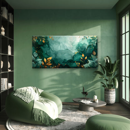 Emerald Green Gold Alcohol Abstract Wall Art Canvas Office Home Framed 120x60cm