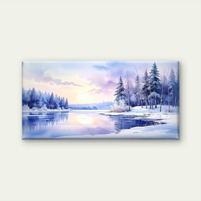 Snowy Pine Tree Lake Sunrise Wall Art Canvas Office Home Framed 120x60cm