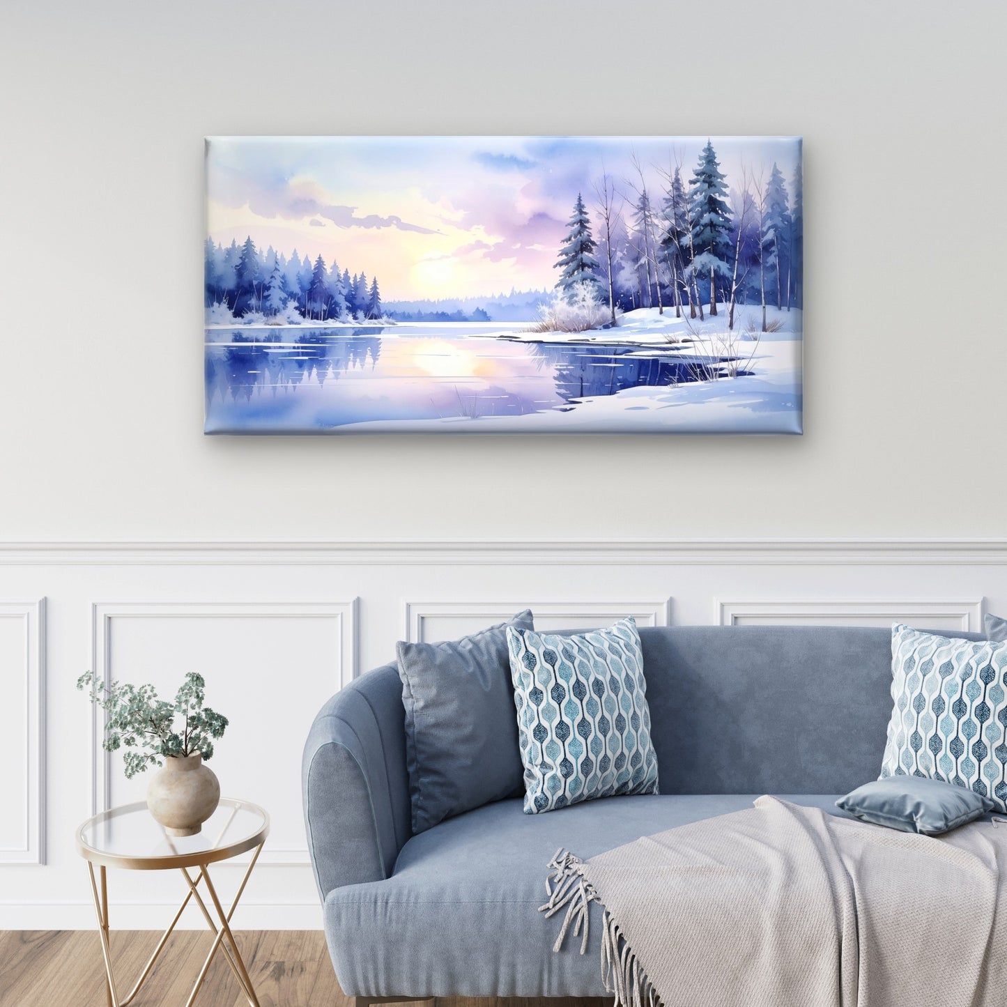 Snowy Pine Tree Lake Sunrise Wall Art Canvas Office Home Framed 120x60cm