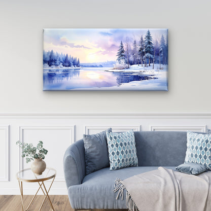 Snowy Pine Tree Lake Sunrise Wall Art Canvas Office Home Framed 120x60cm