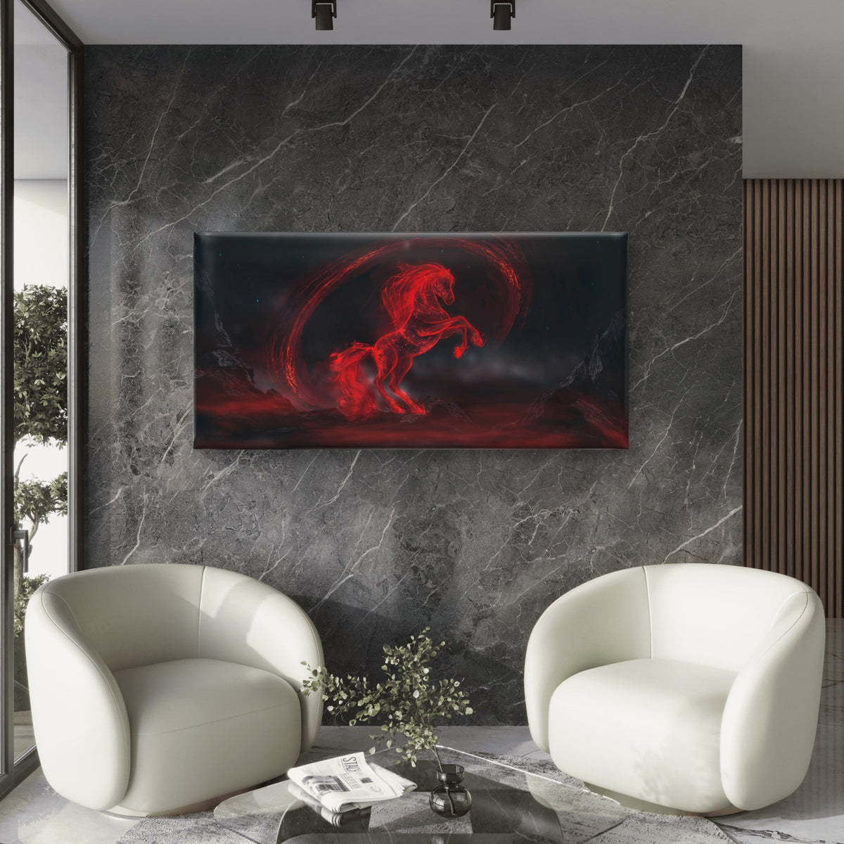 Red Horse Fantasy Glowing Stallion Wall Art Canvas Office Home Framed 120x60cm