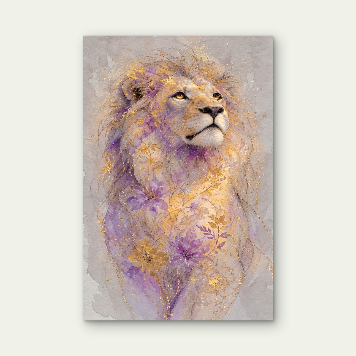 Lion King Wildlife Gold Foil Glitter Purple Flower Metal Print Ready to Hang
