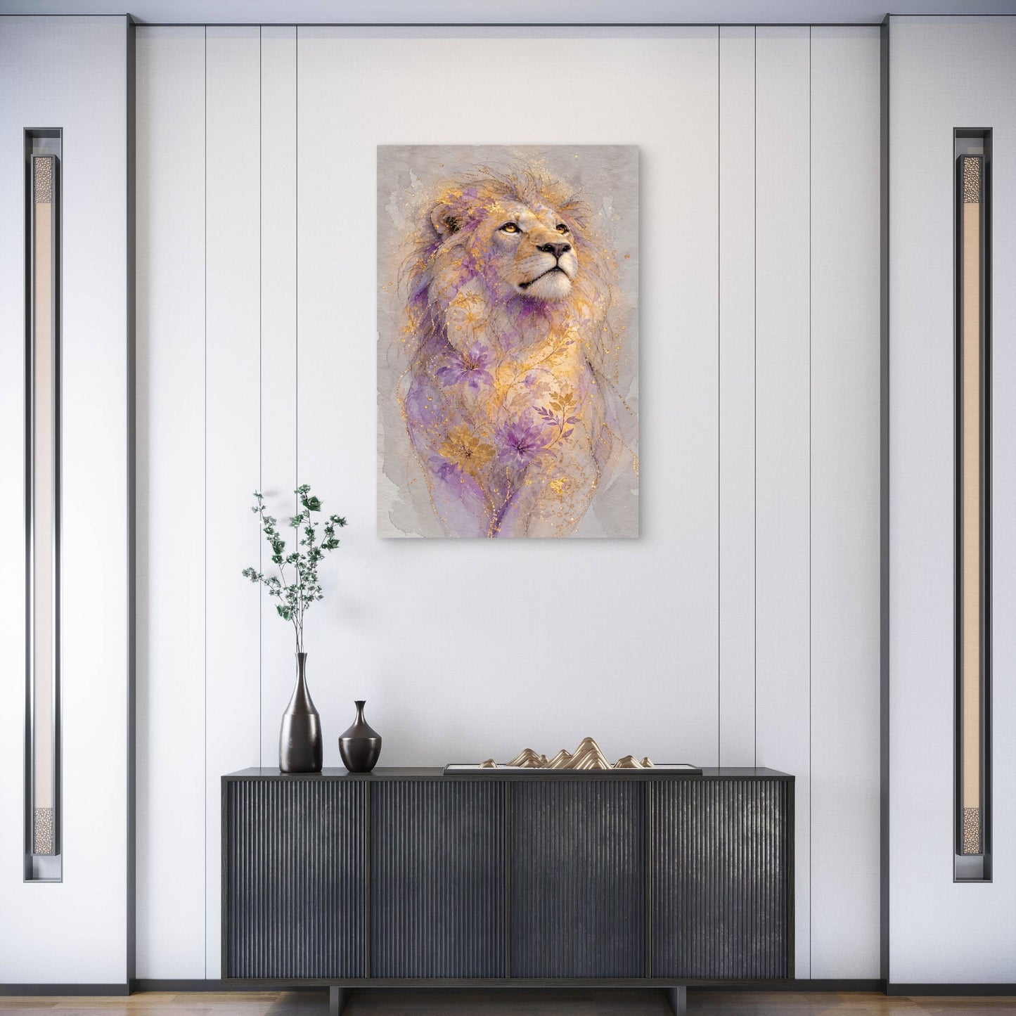 Lion King Wildlife Gold Foil Glitter Purple Flower Metal Print Ready to Hang
