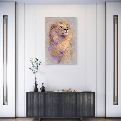 Lion King Wildlife Gold Foil Glitter Purple Flower Metal Print Ready to Hang