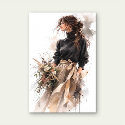 Modern Fashion Elegant Woman Black Sweater Flower Metal Print Ready to Hang