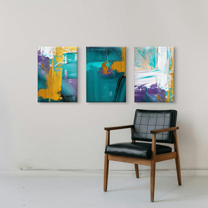 3pcs Teal Purple White Gold Stroke Abstract  Wall Art Set Canvas Framed 40x60cm - High Quality Print 100% Australian Made Wall Canvas Ready to Hang
