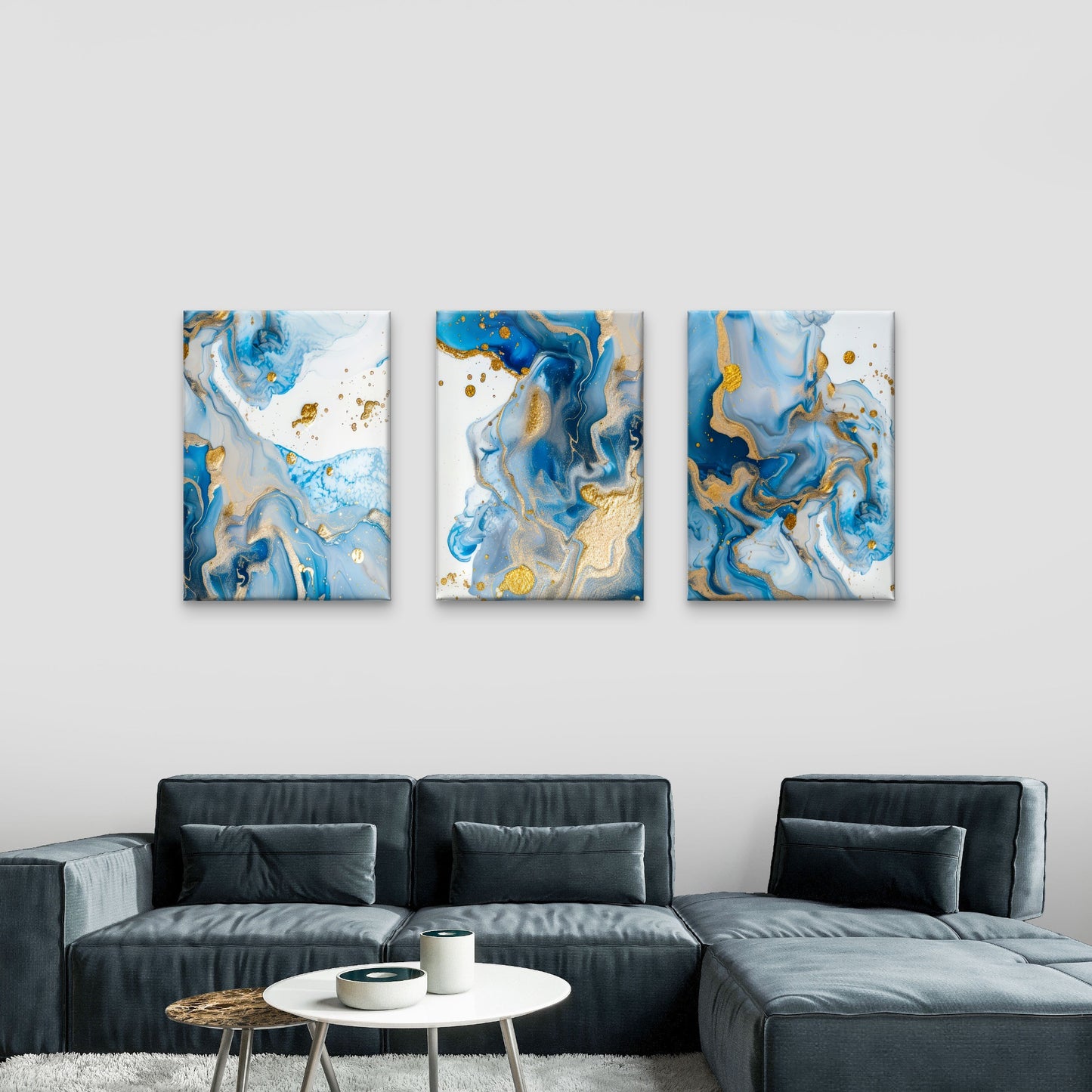 3pcs Navy Blue and Gold Abstract Fluid Ink  Wall Art Set Canvas Framed 50x70cm - High Quality Print 100% Australian Made Wall Canvas Ready to Hang