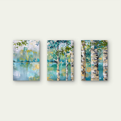 3pcs Abstract Birch Tree Forest Teal & Green  Wall Art Set Canvas Framed 40x60cm - High Quality Print 100% Australian Made Wall Canvas Ready to Hang