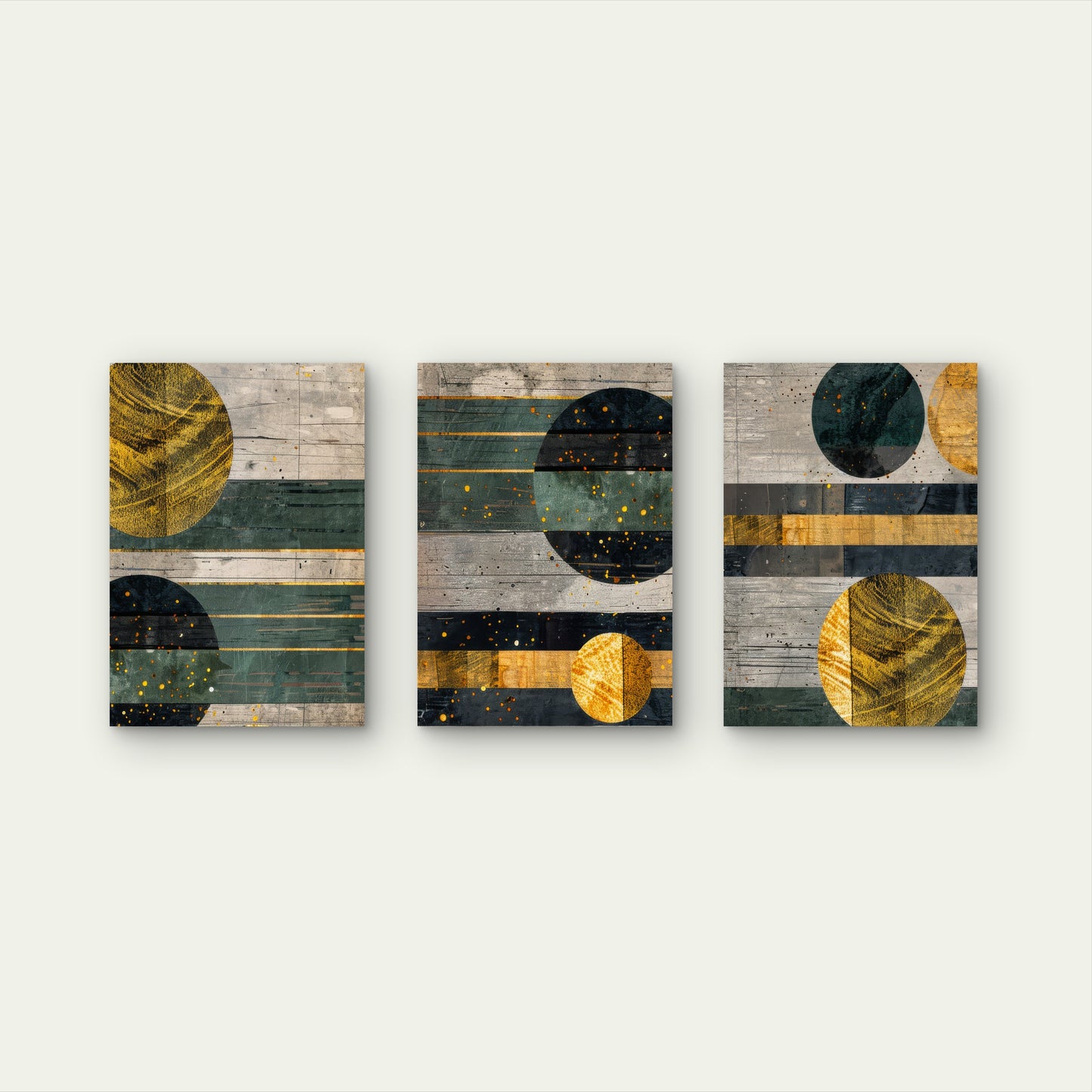 3pcs Geometric Gold Deep Green Abstract Circles  Wall Art Set Canvas Framed 40x60cm - High Quality Print 100% Australian Made Wall Canvas Ready to Hang