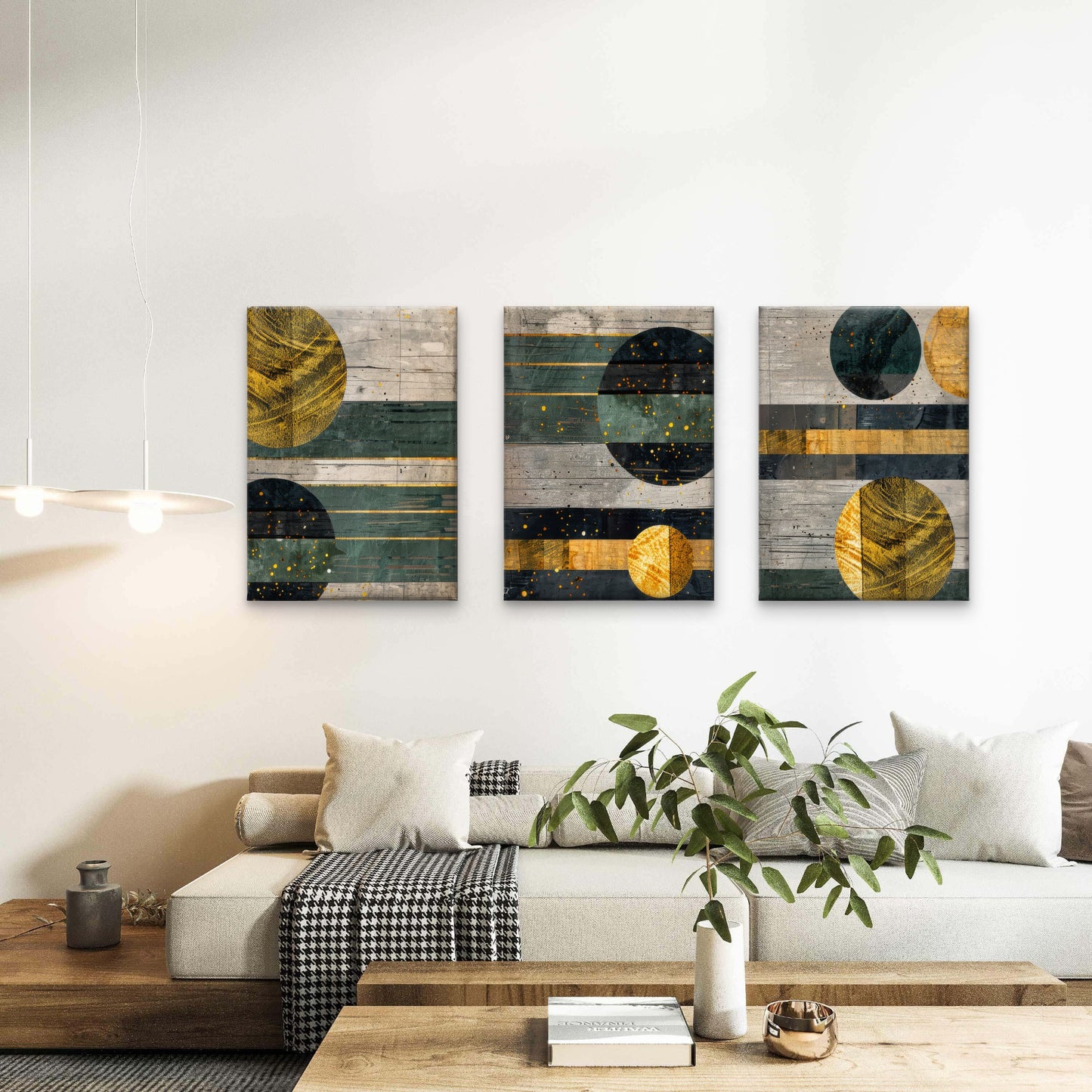 3pcs Geometric Gold Deep Green Abstract Circles  Wall Art Set Canvas Framed 40x60cm - High Quality Print 100% Australian Made Wall Canvas Ready to Hang
