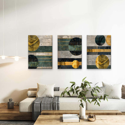 3pcs Geometric Gold Deep Green Abstract Circles  Wall Art Set Canvas Framed 40x60cm - High Quality Print 100% Australian Made Wall Canvas Ready to Hang